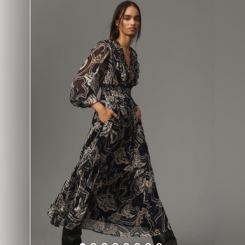 Anthropologie by Painter Johnson V-neck Textured Midi Dress Navy Size XSP NWT - Picture 4 of 9